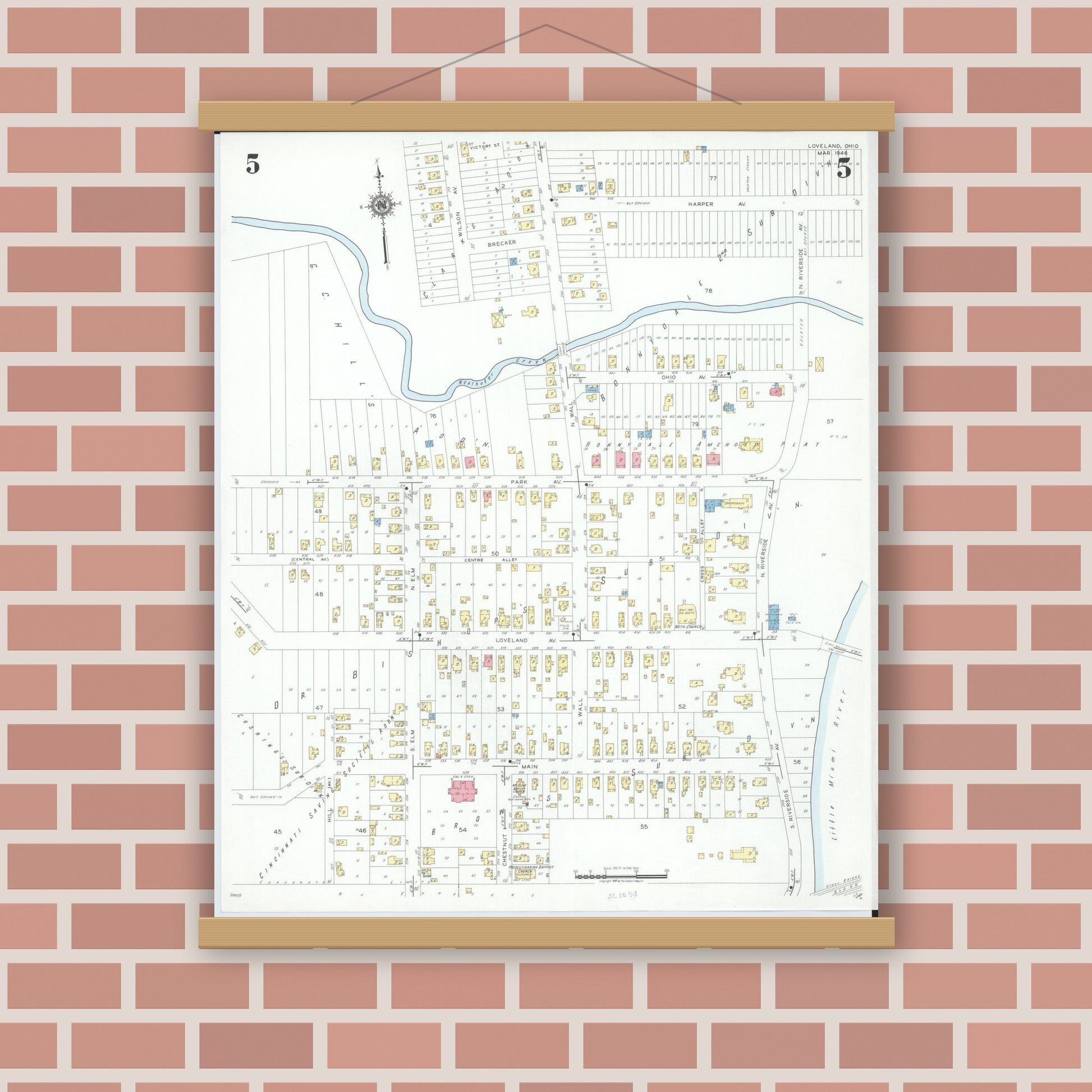 Old map wall art mockup — magnetic wood frame on brick wall — Sanborn Fire Insurance Map from Loveland, Clermont, Hamilton, And Warren County, Ohio (1946), Sheet #0005