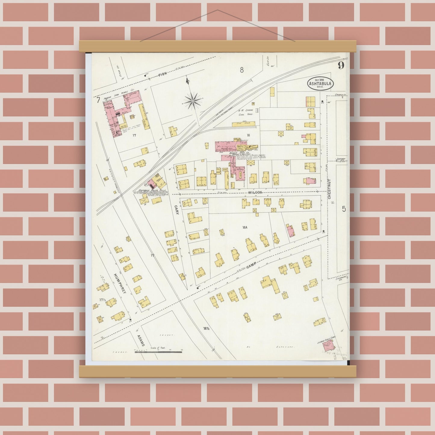 Old map wall art mockup — magnetic wood frame on brick wall — Sanborn Fire Insurance Map from Ashtabula, Ashtabula County, Ohio (1898), Sheet #0009