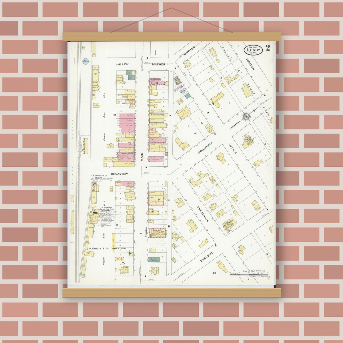 Old map wall art mockup — magnetic wood frame on brick wall — Sanborn Fire Insurance Map from Le Roy, Mower County, Minnesota (1910), Sheet #0002