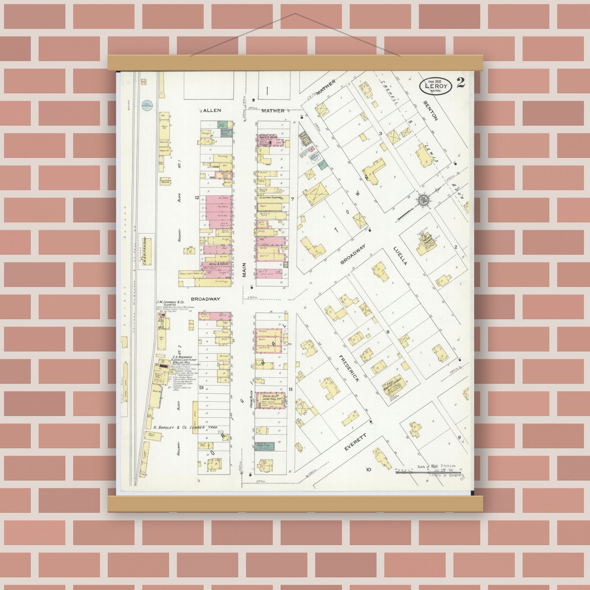 Old map wall art mockup — magnetic wood frame on brick wall — Sanborn Fire Insurance Map from Le Roy, Mower County, Minnesota (1910), Sheet #0002