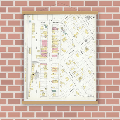 Old map wall art mockup — magnetic wood frame on brick wall — Sanborn Fire Insurance Map from Le Roy, Mower County, Minnesota (1910), Sheet #0002