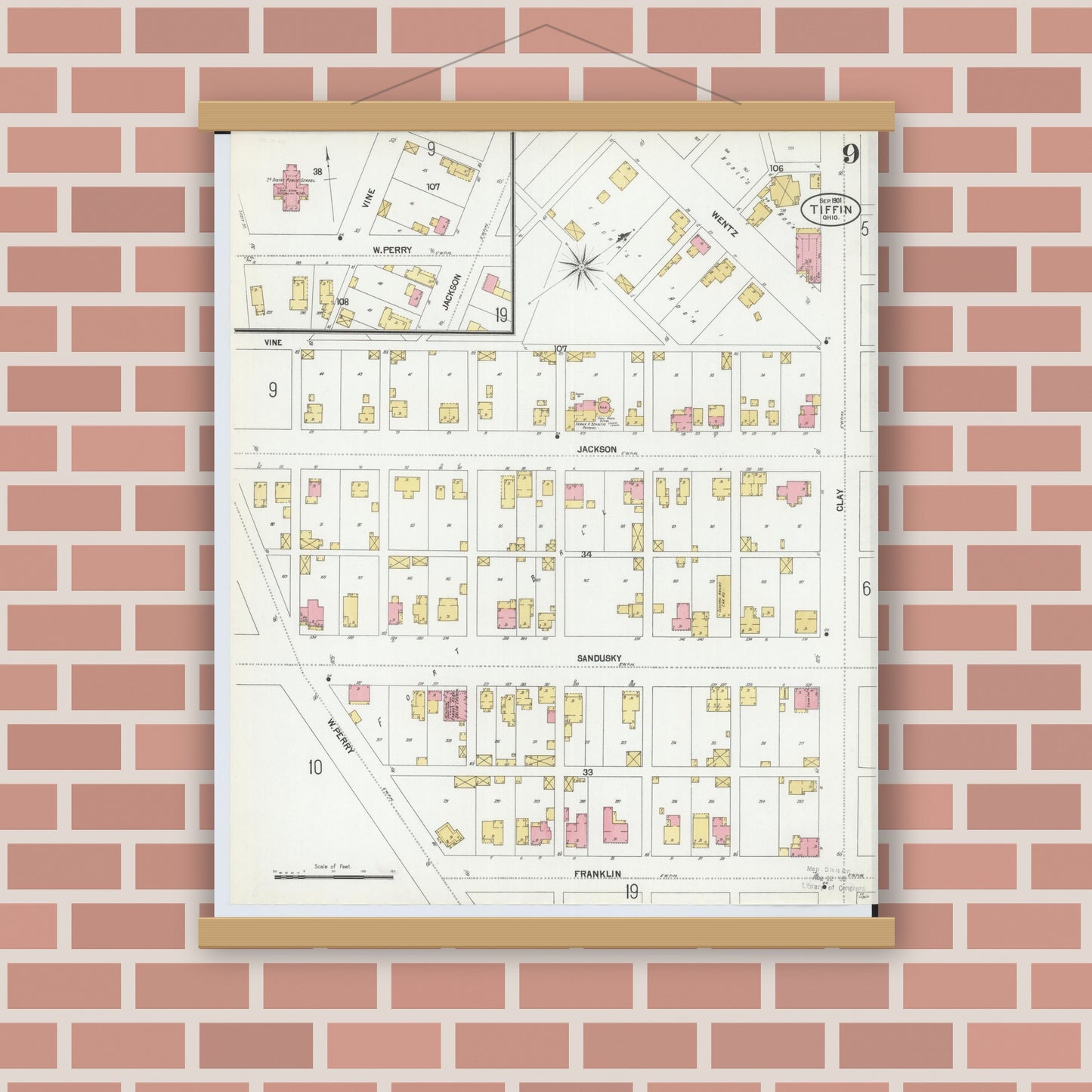Old map wall art mockup — magnetic wood frame on brick wall — Sanborn Fire Insurance Map from Tiffin, Seneca County, Ohio (1901), Sheet #0009