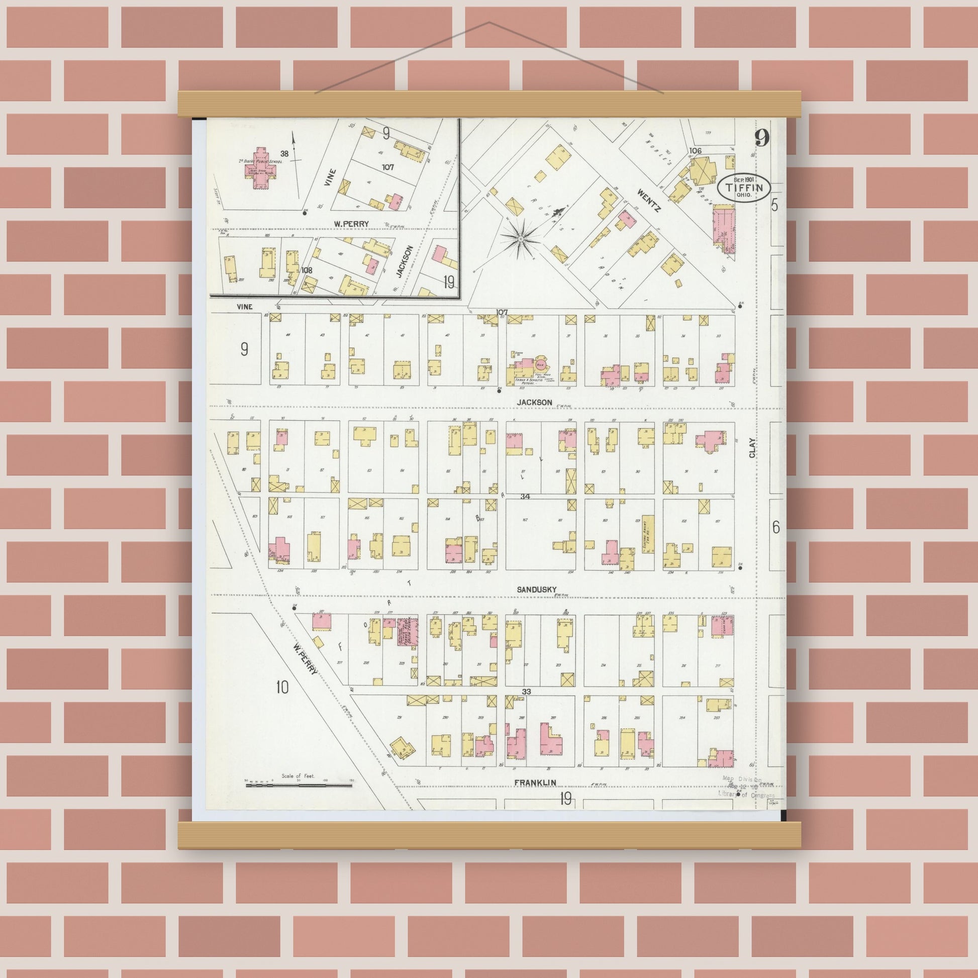 Old map wall art mockup — magnetic wood frame on brick wall — Sanborn Fire Insurance Map from Tiffin, Seneca County, Ohio (1901), Sheet #0009