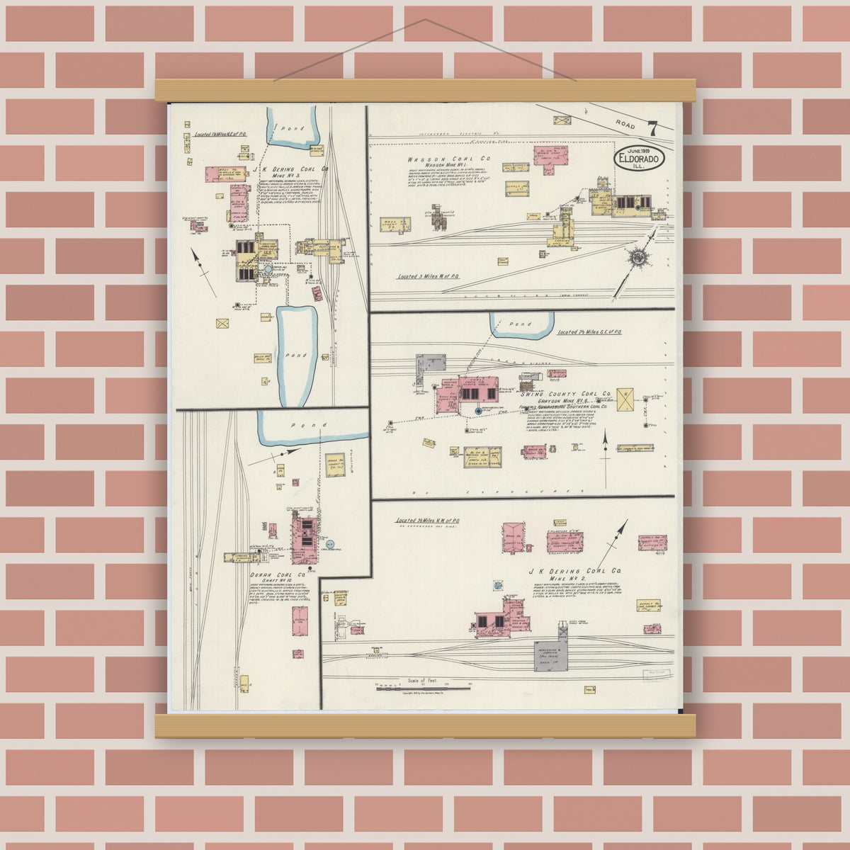 Old map wall art mockup — magnetic wood frame on brick wall — Sanborn Fire Insurance Map from Eldorado, Saline County, Illinois (1919), Sheet #0007