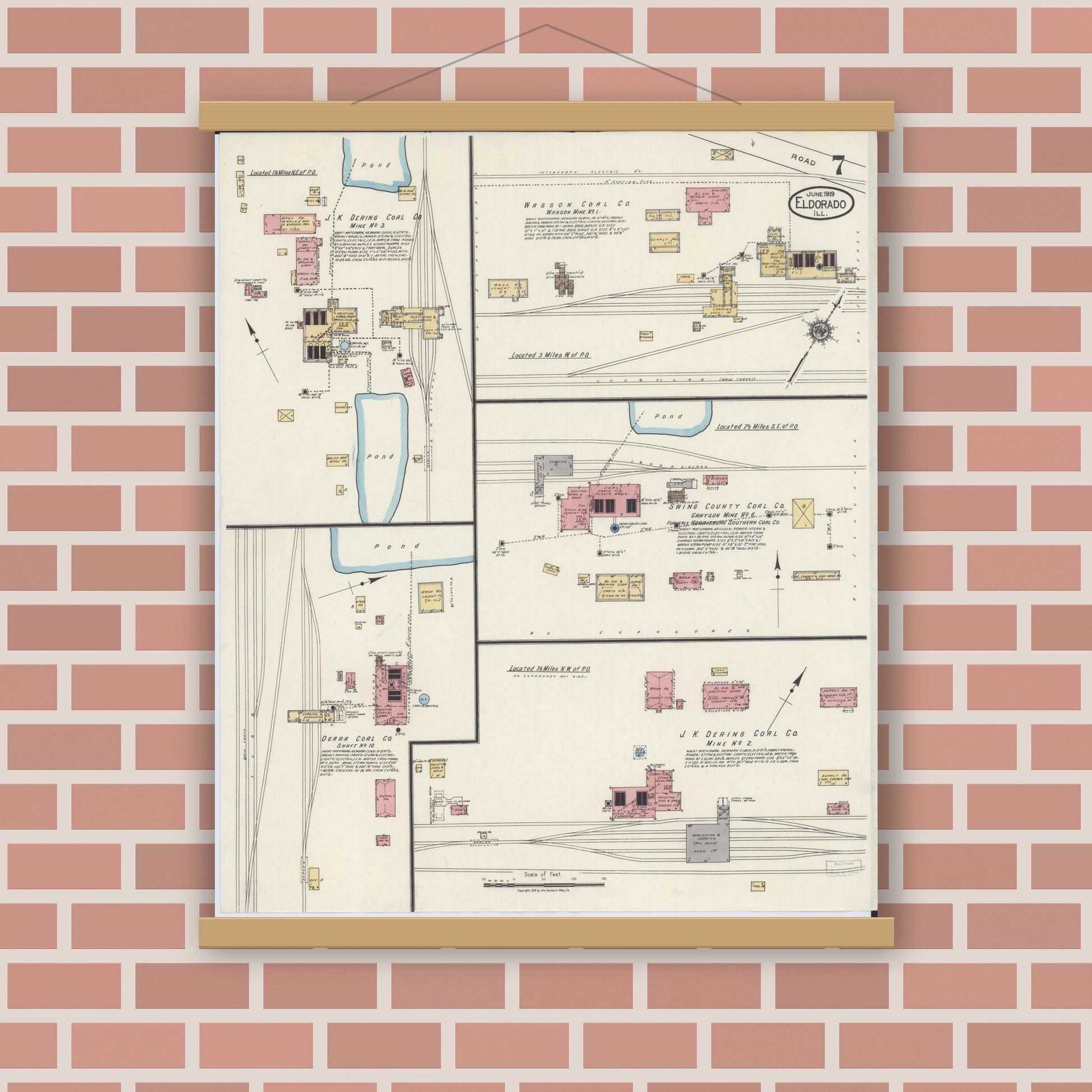 Old map wall art mockup — magnetic wood frame on brick wall — Sanborn Fire Insurance Map from Eldorado, Saline County, Illinois (1919), Sheet #0007