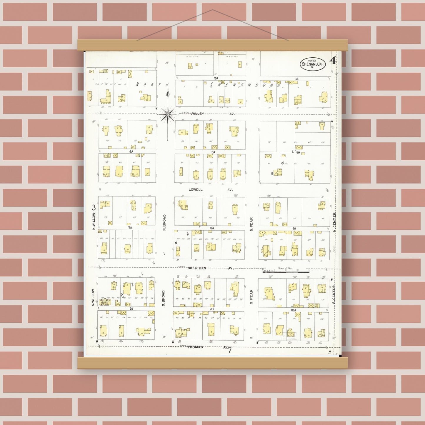 Old map wall art mockup — magnetic wood frame on brick wall — Sanborn Fire Insurance Map from Shenandoah, Page County, Iowa (1901), Sheet #0004