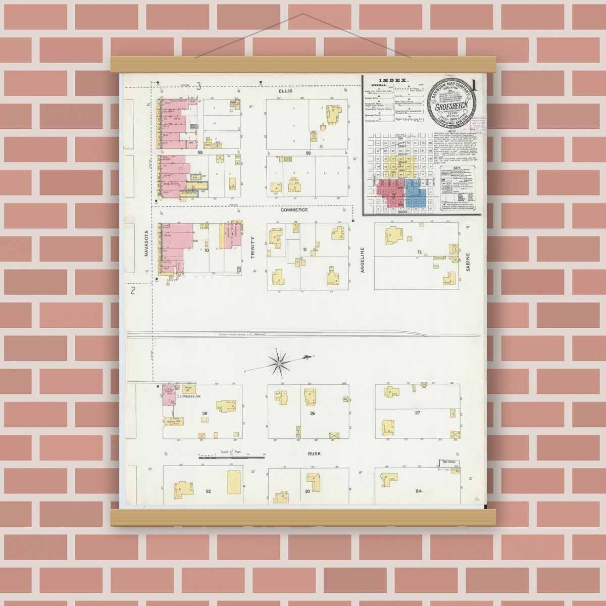 Old map wall art mockup — magnetic wood frame on brick wall — Sanborn Fire Insurance Map from Groesbeck, Limestone County, Texas (1906), Sheet #0001