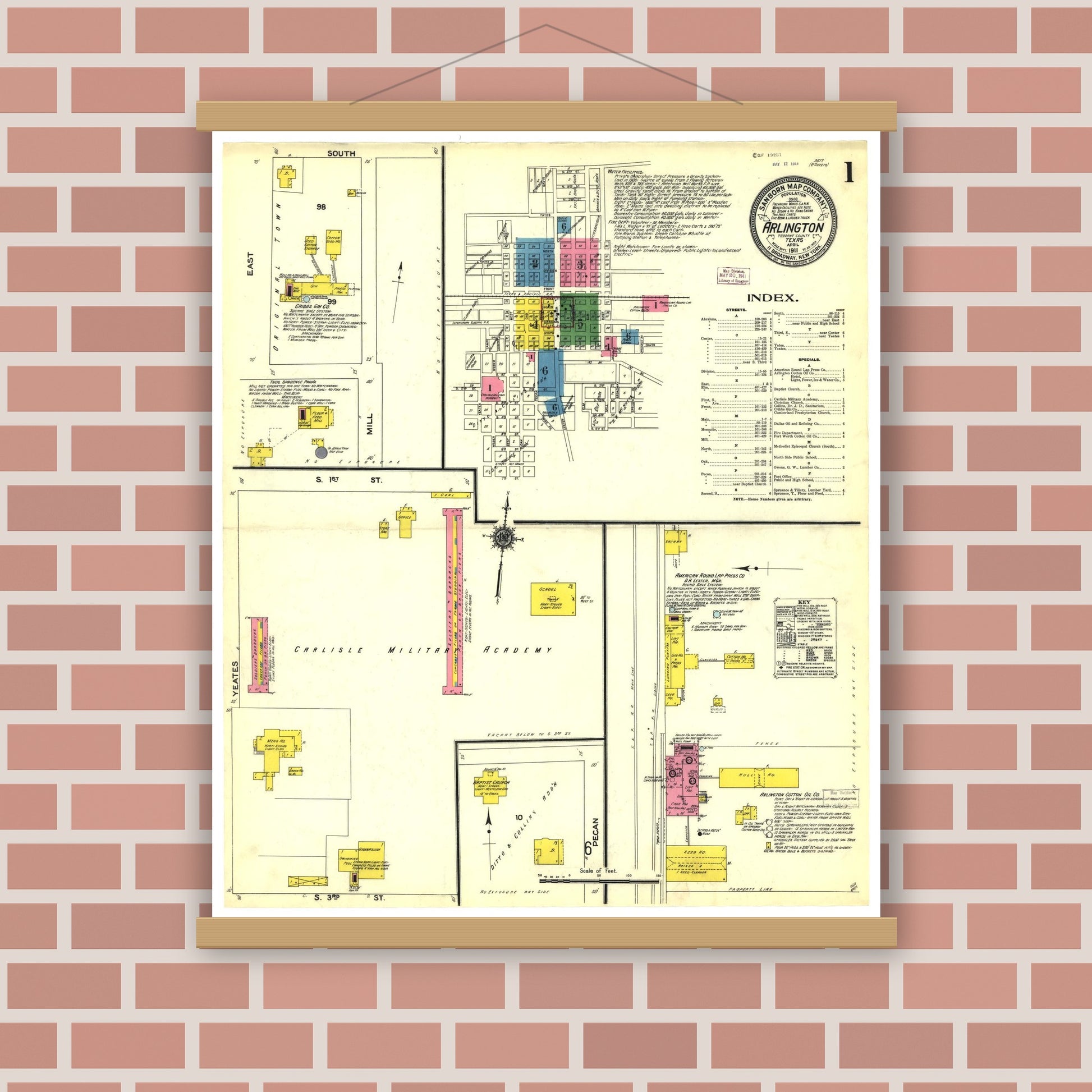 Old map wall art mockup — magnetic wood frame on brick wall — Sanborn Fire Insurance Map from Arlington, Tarrant County, Texas (1911), Sheet #0001