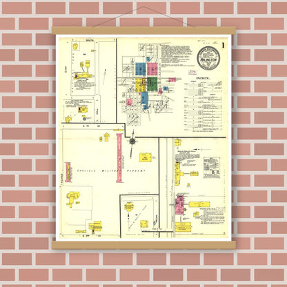 Old map wall art mockup — magnetic wood frame on brick wall — Sanborn Fire Insurance Map from Arlington, Tarrant County, Texas (1911), Sheet #0001