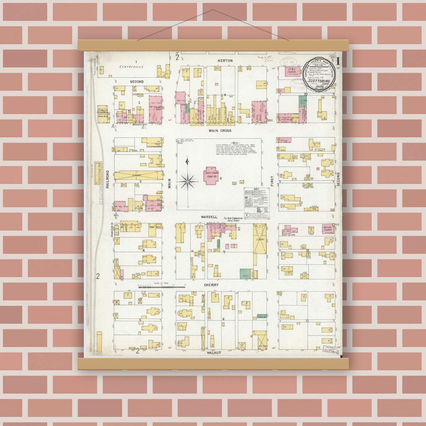 Old map wall art mockup — magnetic wood frame on brick wall — Sanborn Fire Insurance Map from Scottsburg, Scott County, Indiana (1899) - Complete Map Set
