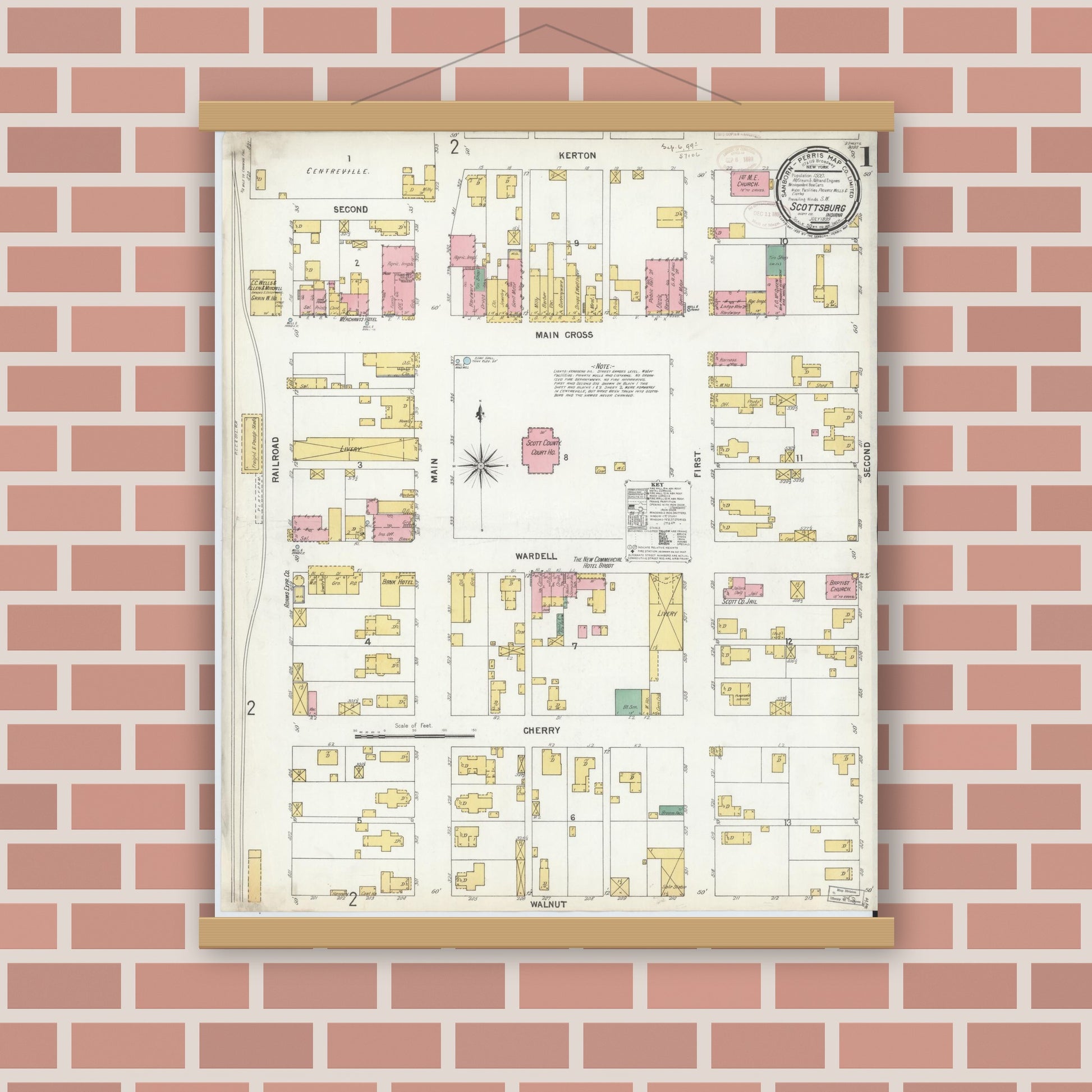 Old map wall art mockup — magnetic wood frame on brick wall — Sanborn Fire Insurance Map from Scottsburg, Scott County, Indiana (1899) - Complete Map Set