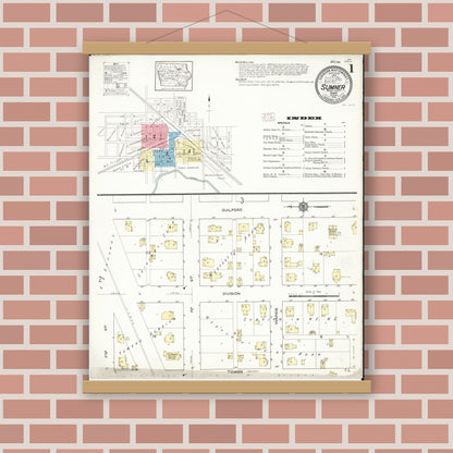 Old map wall art mockup — magnetic wood frame on brick wall — Sanborn Fire Insurance Map from Sumner, Bremer County, Iowa (1913), Sheet #0001