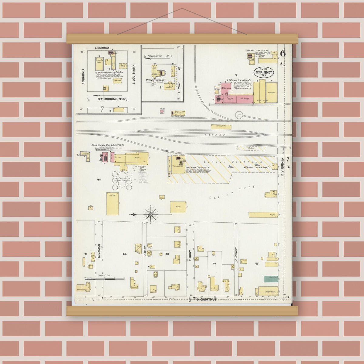 Old map wall art mockup — magnetic wood frame on brick wall — Sanborn Fire Insurance Map from McKinney, Collin County, Texas (1902), Sheet #0006