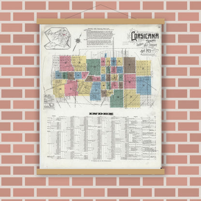 Old map wall art mockup — magnetic wood frame on brick wall — Sanborn Fire Insurance Map from Corsicana, Navarro County, Texas (1921) - Complete Map Set