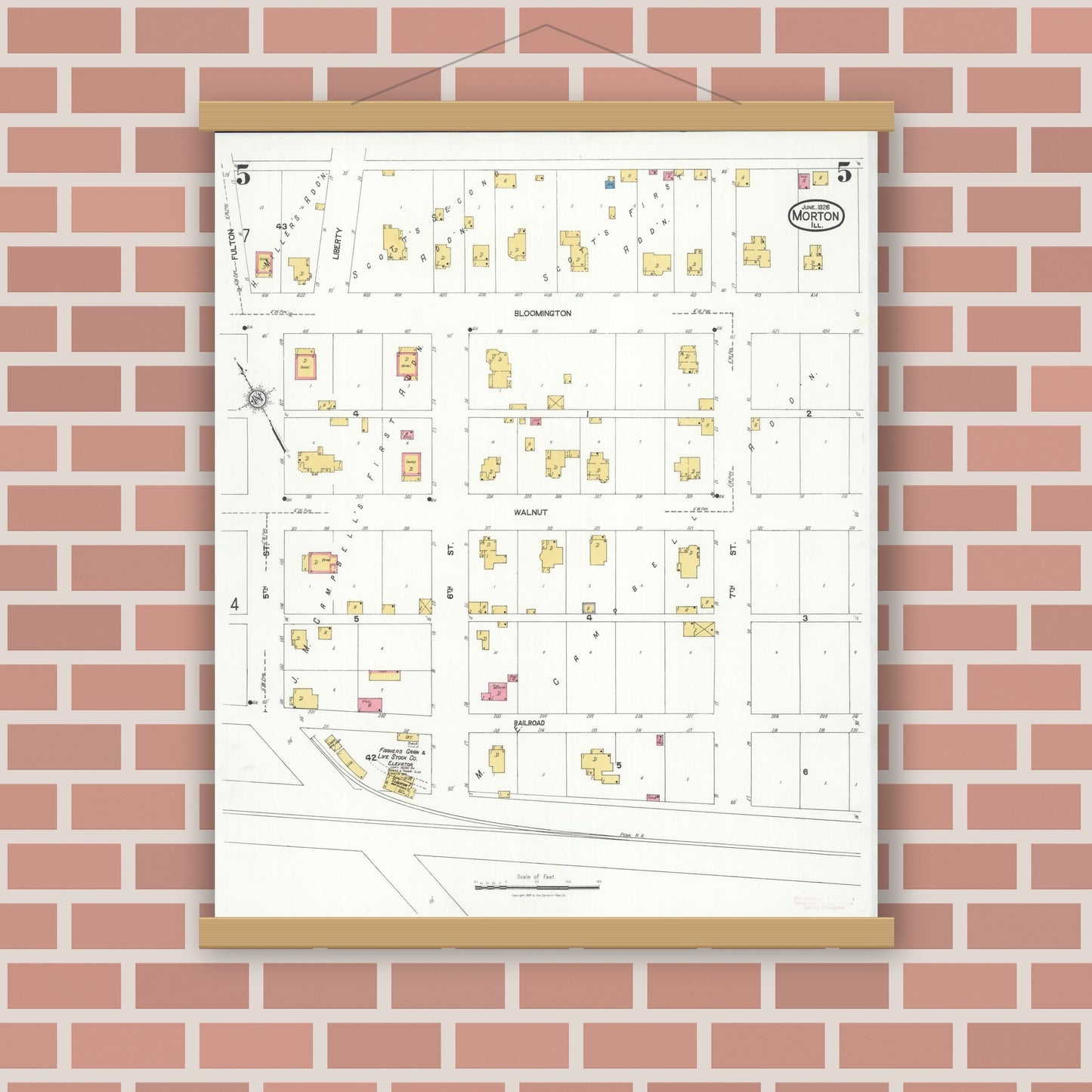 Old map wall art mockup — magnetic wood frame on brick wall — Sanborn Fire Insurance Map from Morton, Tazewell County, Illinois (1926), Sheet #0005