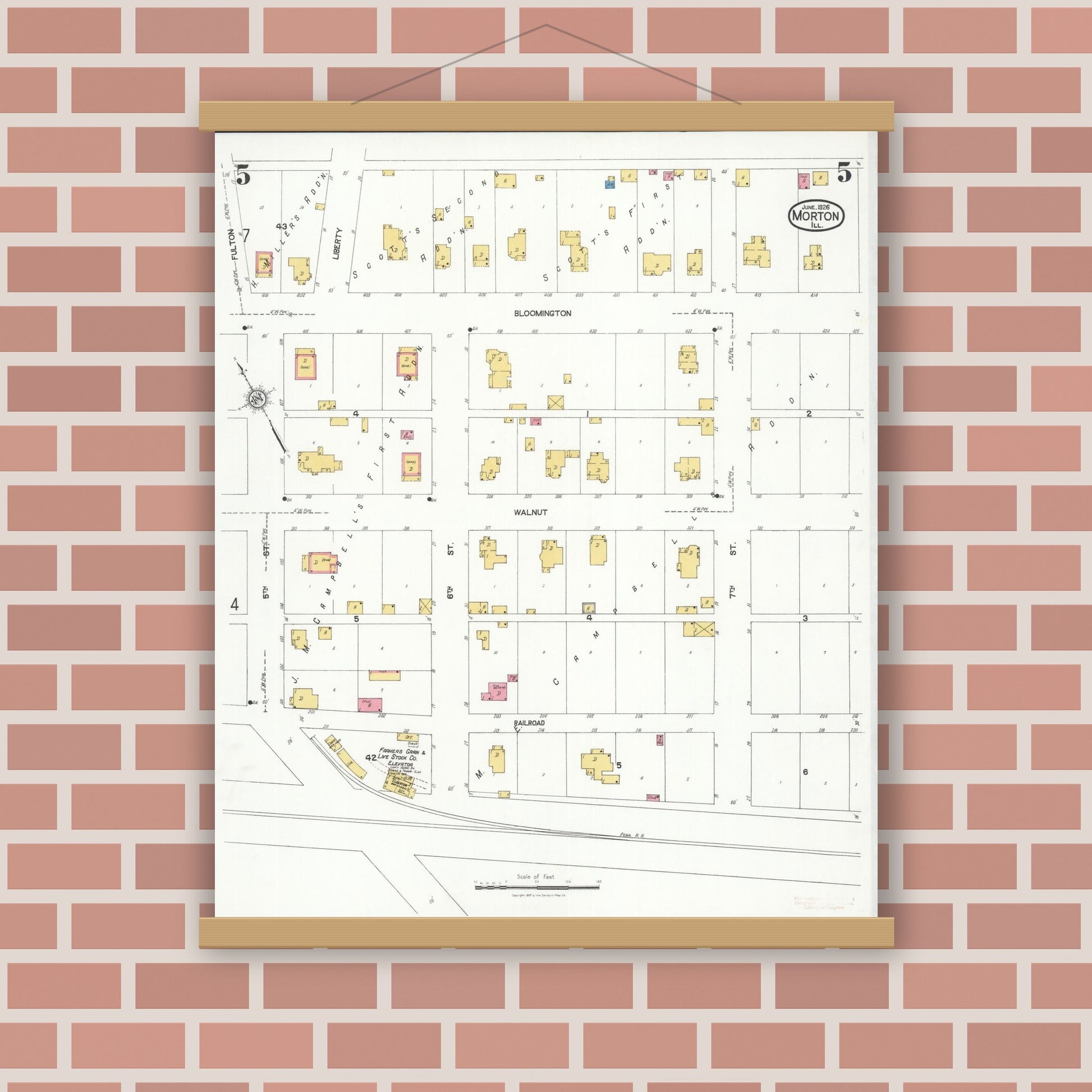 Old map wall art mockup — magnetic wood frame on brick wall — Sanborn Fire Insurance Map from Morton, Tazewell County, Illinois (1926), Sheet #0005
