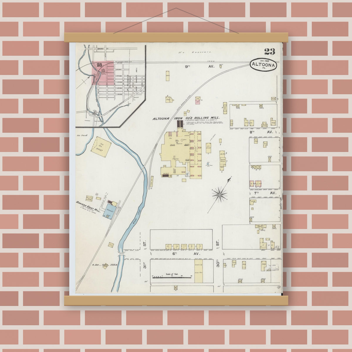 Old map wall art mockup — magnetic wood frame on brick wall — Sanborn Fire Insurance Map from Altoona, Blair County, Pennsylvania (1888), Sheet #0023
