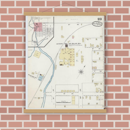 Old map wall art mockup — magnetic wood frame on brick wall — Sanborn Fire Insurance Map from Altoona, Blair County, Pennsylvania (1888), Sheet #0023