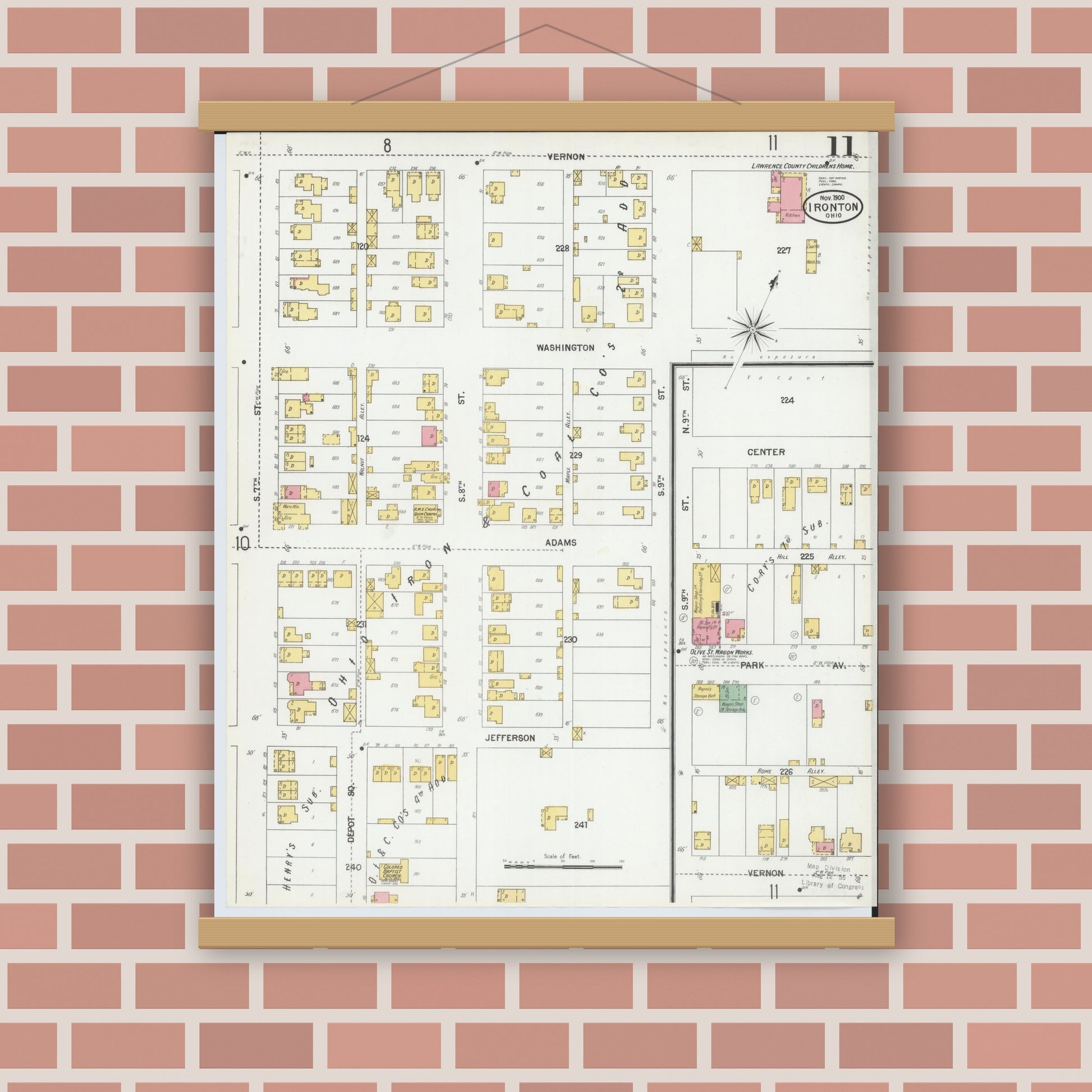 Old map wall art mockup — magnetic wood frame on brick wall — Sanborn Fire Insurance Map from Ironton, Lawrence County, Ohio (1900), Sheet #0011