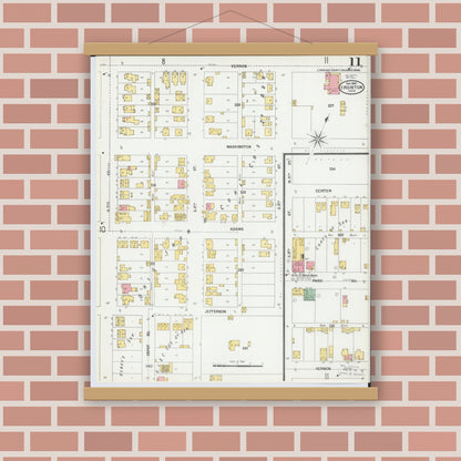 Old map wall art mockup — magnetic wood frame on brick wall — Sanborn Fire Insurance Map from Ironton, Lawrence County, Ohio (1900), Sheet #0011