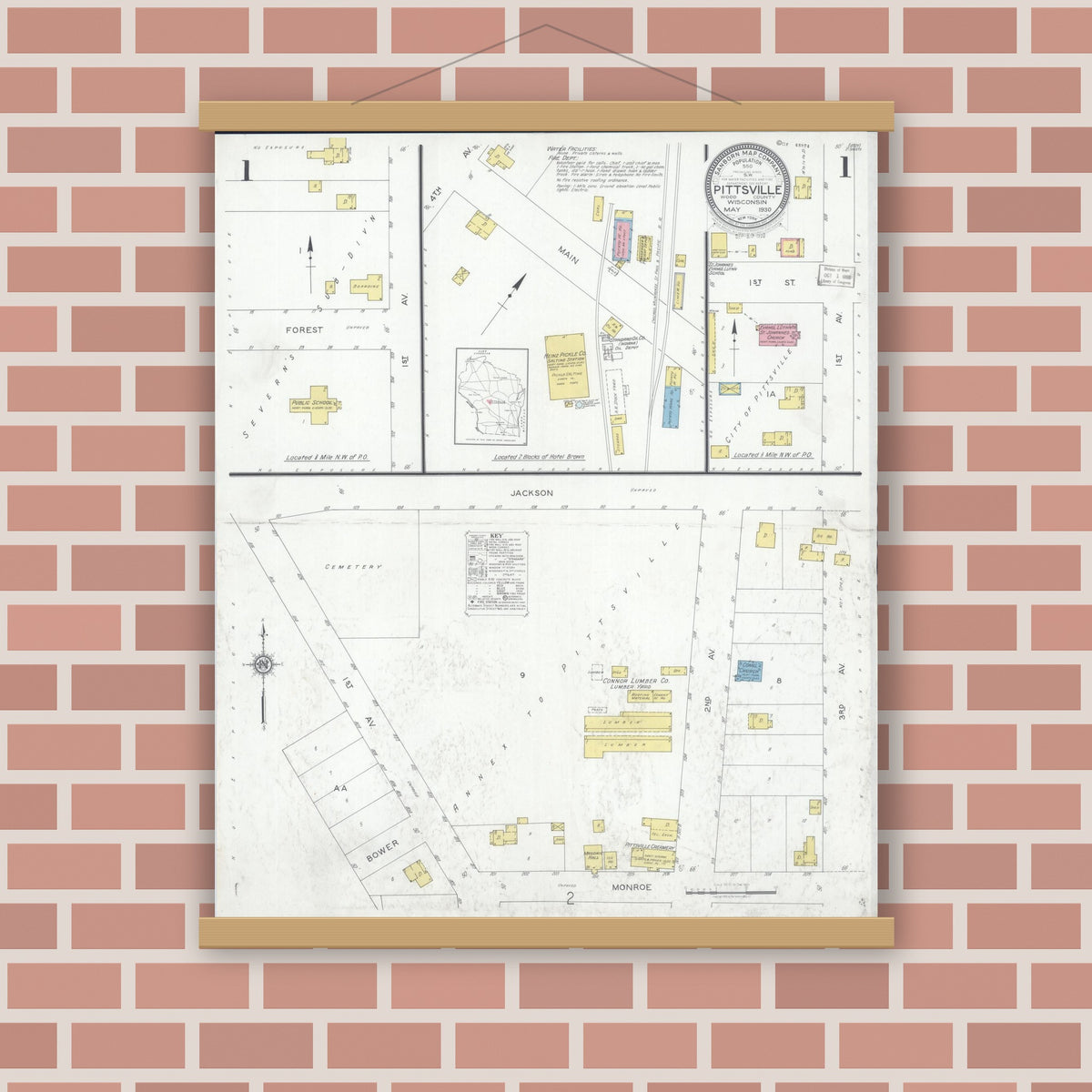 Old map wall art mockup — magnetic wood frame on brick wall — Sanborn Fire Insurance Map from Pittsville, Wood County, Wisconsin (1930), Sheet #0001