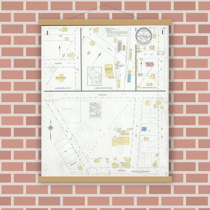 Old map wall art mockup — magnetic wood frame on brick wall — Sanborn Fire Insurance Map from Pittsville, Wood County, Wisconsin (1930), Sheet #0001