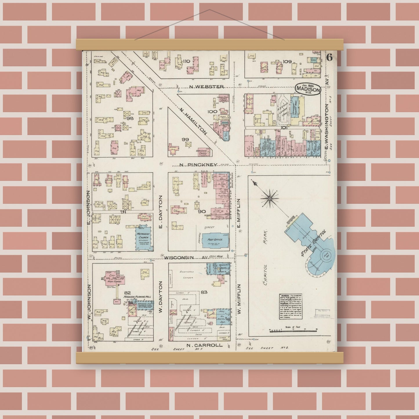 Old map wall art mockup — magnetic wood frame on brick wall — Sanborn Fire Insurance Map from Madison, Dane County, Wisconsin (1885), Sheet #0006