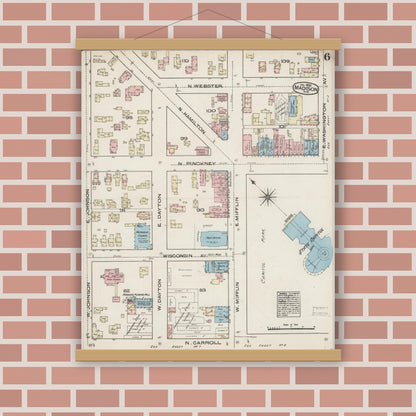 Old map wall art mockup — magnetic wood frame on brick wall — Sanborn Fire Insurance Map from Madison, Dane County, Wisconsin (1885), Sheet #0006