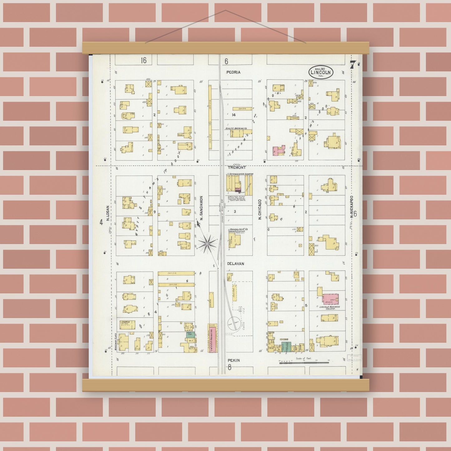 Old map wall art mockup — magnetic wood frame on brick wall — Sanborn Fire Insurance Map from Lincoln, Logan County, Illinois (1902), Sheet #0007