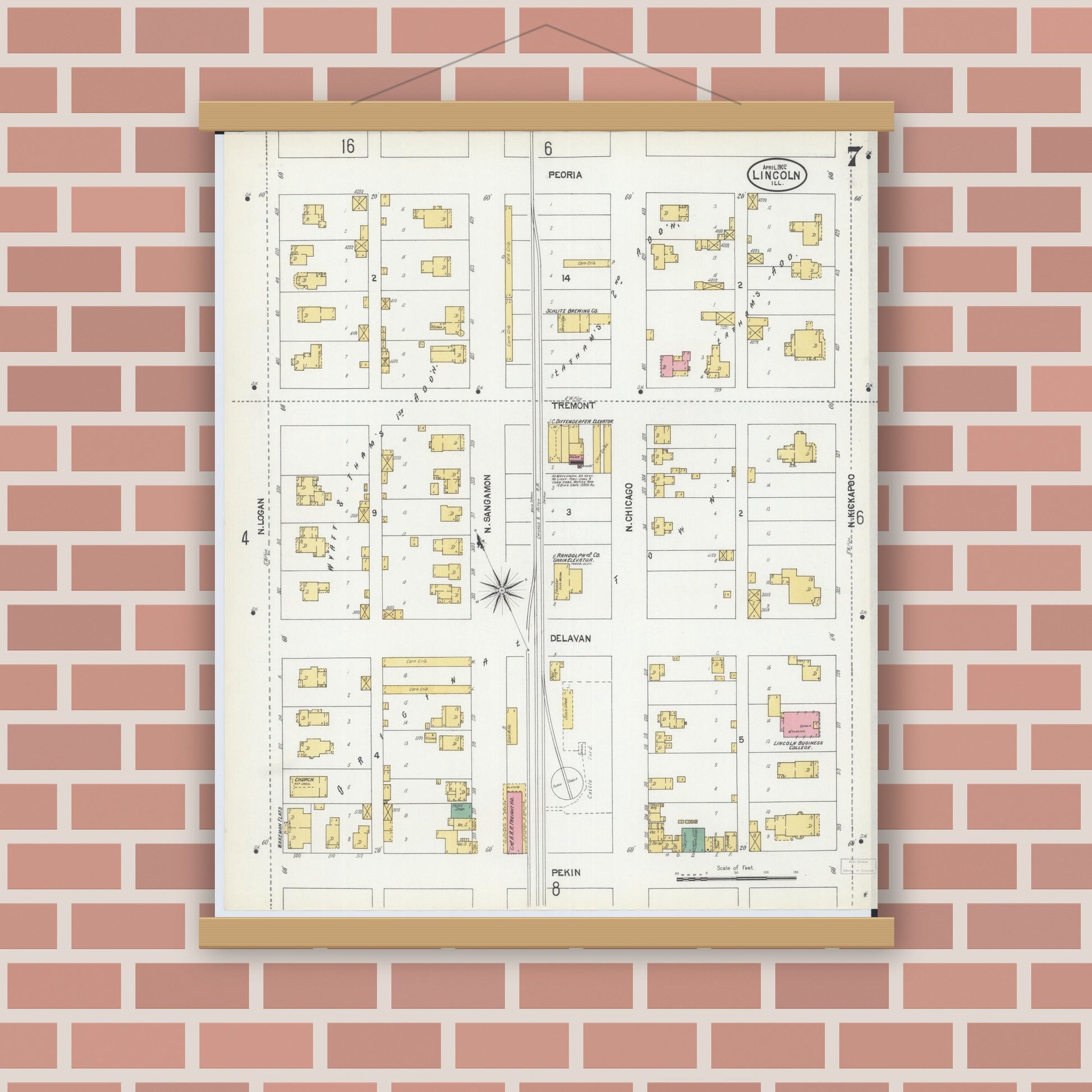 Old map wall art mockup — magnetic wood frame on brick wall — Sanborn Fire Insurance Map from Lincoln, Logan County, Illinois (1902), Sheet #0007