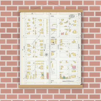 Old map wall art mockup — magnetic wood frame on brick wall — Sanborn Fire Insurance Map from Lincoln, Logan County, Illinois (1902), Sheet #0007