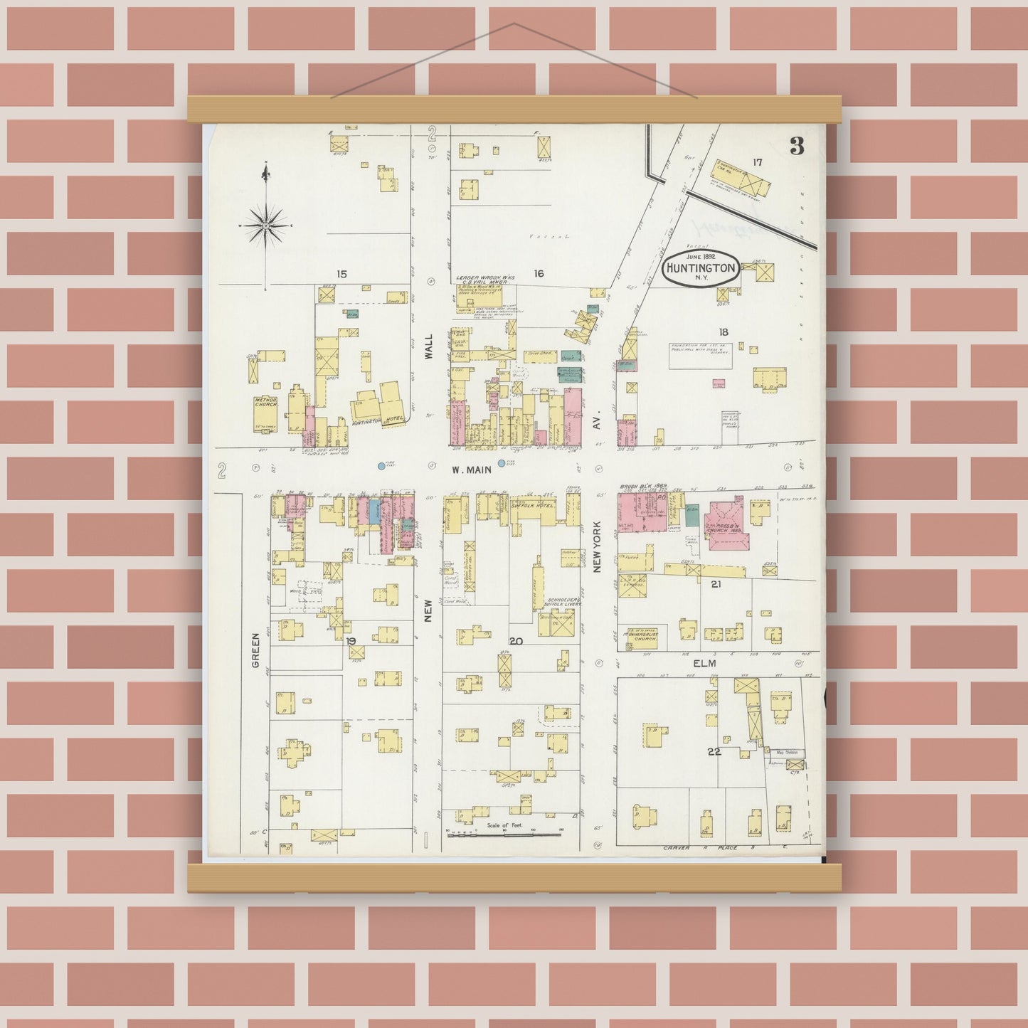 Old map wall art mockup — magnetic wood frame on brick wall — Sanborn Fire Insurance Map from Huntington, Suffolk County, New York (1892), Sheet #0003