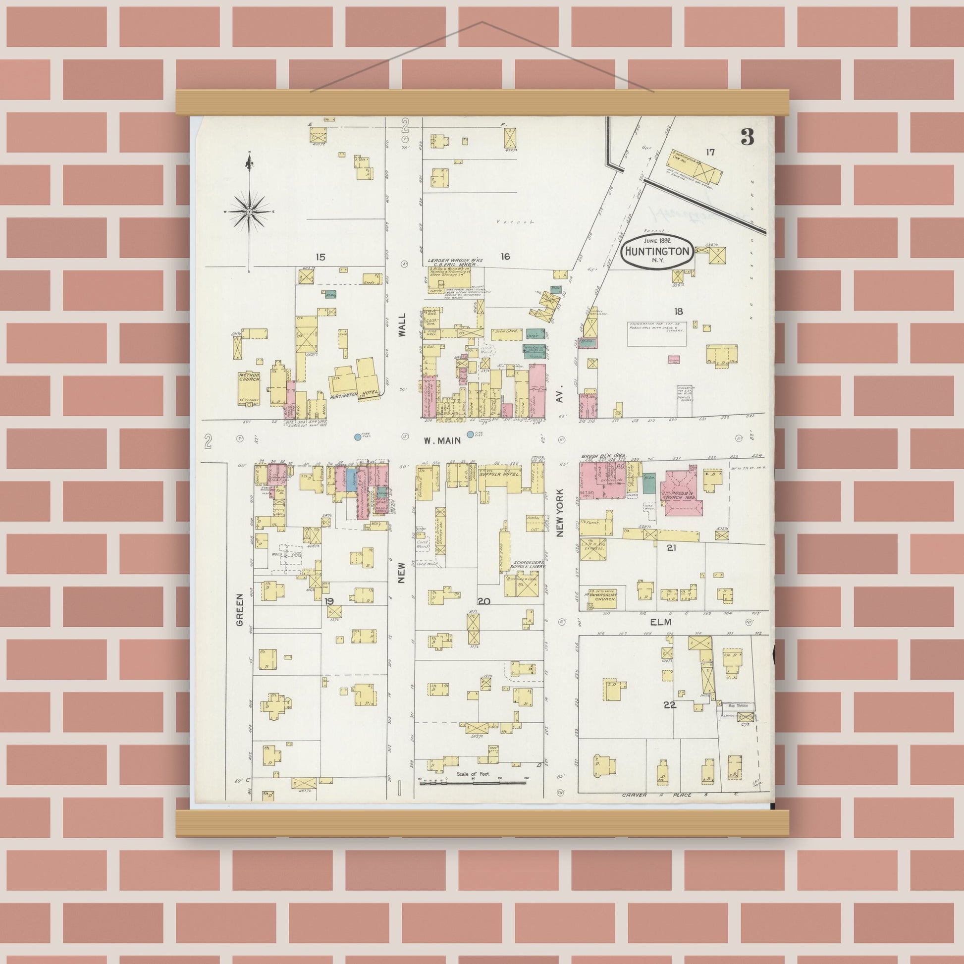 Old map wall art mockup — magnetic wood frame on brick wall — Sanborn Fire Insurance Map from Huntington, Suffolk County, New York (1892), Sheet #0003