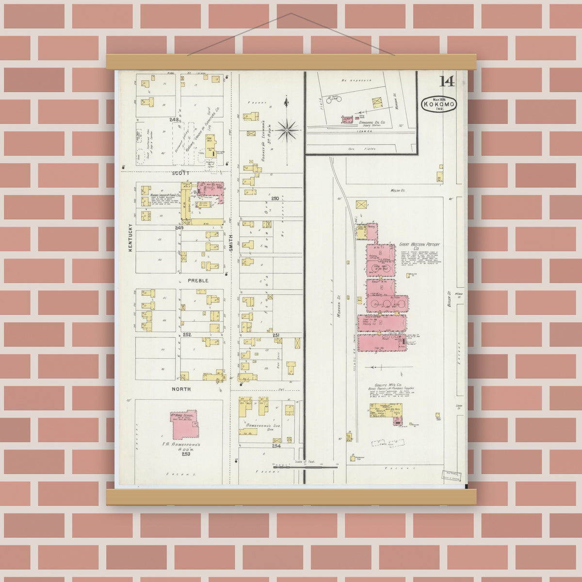 Old map wall art mockup — magnetic wood frame on brick wall — Sanborn Fire Insurance Map from Kokomo, Howard County, Indiana (1896), Sheet #0014