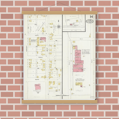Old map wall art mockup — magnetic wood frame on brick wall — Sanborn Fire Insurance Map from Kokomo, Howard County, Indiana (1896), Sheet #0014