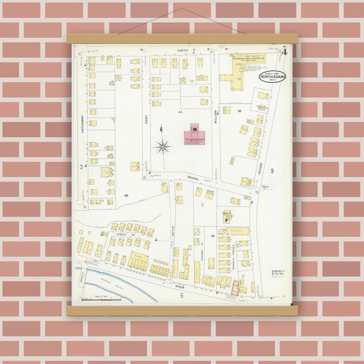 Old map wall art mockup — magnetic wood frame on brick wall — Sanborn Fire Insurance Map from North Adams, Berkshire County, Massachusetts (1908), Sheet #0004