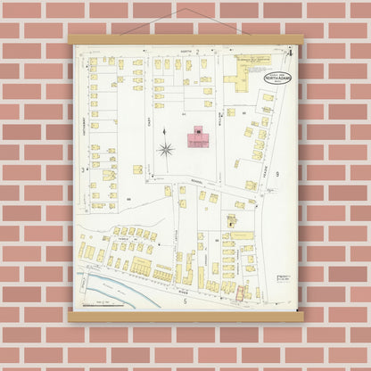 Old map wall art mockup — magnetic wood frame on brick wall — Sanborn Fire Insurance Map from North Adams, Berkshire County, Massachusetts (1908), Sheet #0004