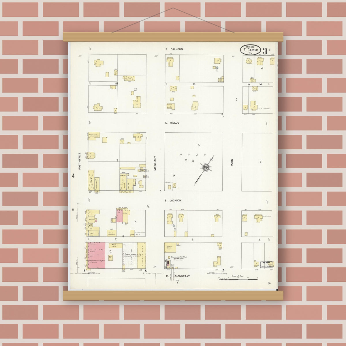 Old map wall art mockup — magnetic wood frame on brick wall — Sanborn Fire Insurance Map from El Campo, Wharton County, Texas (1912), Sheet #0003