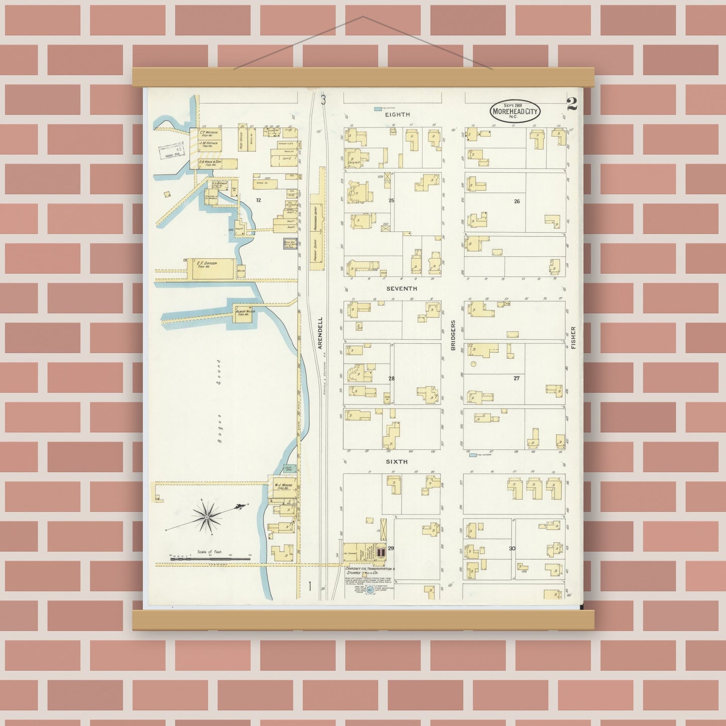 Old map wall art mockup — magnetic wood frame on brick wall — Sanborn Fire Insurance Map from Morehead City, Carteret County, North Carolina (1908), Sheet #0002