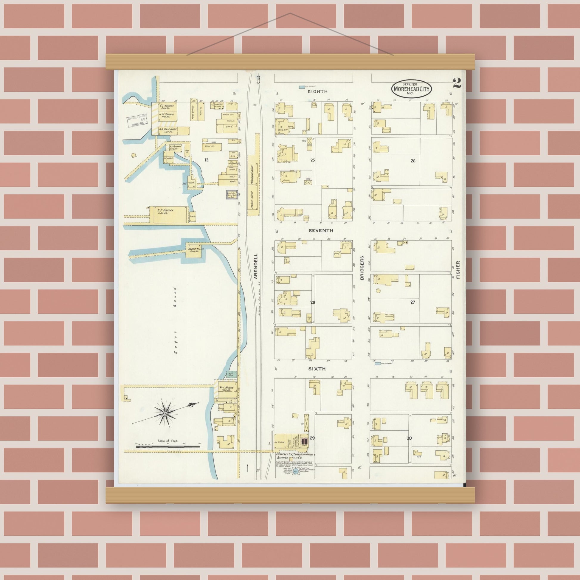 Old map wall art mockup — magnetic wood frame on brick wall — Sanborn Fire Insurance Map from Morehead City, Carteret County, North Carolina (1908), Sheet #0002