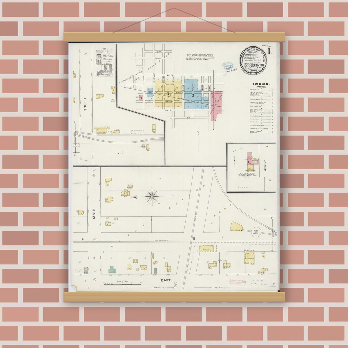 Old map wall art mockup — magnetic wood frame on brick wall — Sanborn Fire Insurance Map from Dodge Center, Dodge County, Minnesota (1894) - Complete Map Set