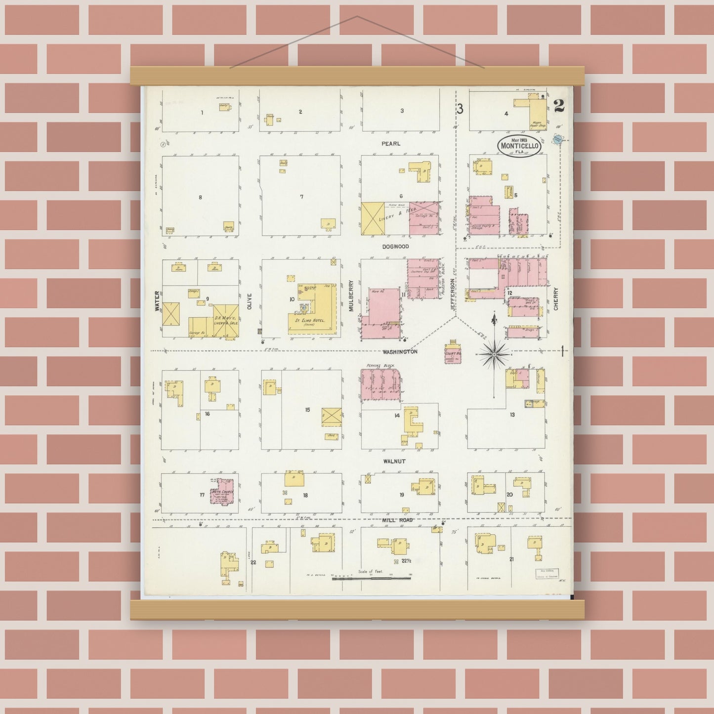 Old map wall art mockup — magnetic wood frame on brick wall — Sanborn Fire Insurance Map from Monticello, Jefferson County, Florida (1903), Sheet #0002