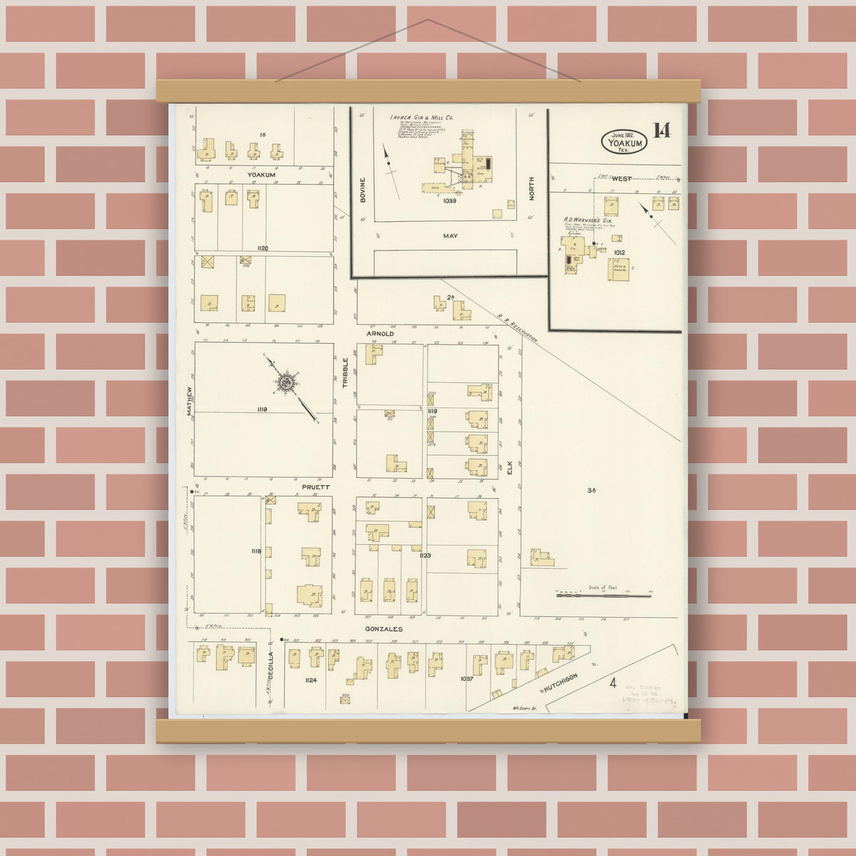 Old map wall art mockup — magnetic wood frame on brick wall — Sanborn Fire Insurance Map from Yoakum, De Witt And Lavaca Counties, Texas (1912), Sheet #0014