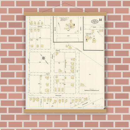 Old map wall art mockup — magnetic wood frame on brick wall — Sanborn Fire Insurance Map from Yoakum, De Witt And Lavaca Counties, Texas (1912), Sheet #0014