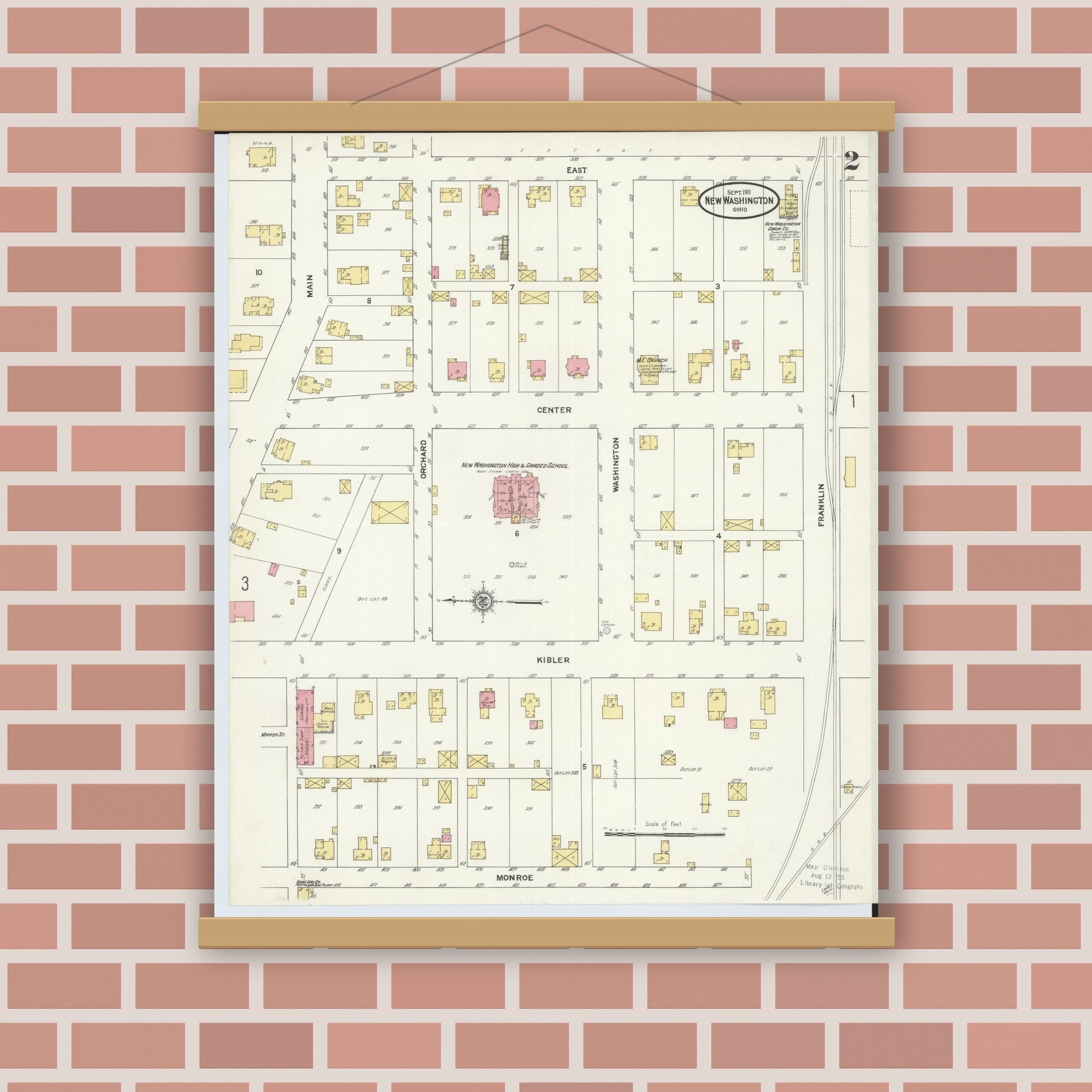 Old map wall art mockup — magnetic wood frame on brick wall — Sanborn Fire Insurance Map from New Washington, Crawford County, Ohio (1911), Sheet #0002
