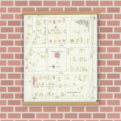 Old map wall art mockup — magnetic wood frame on brick wall — Sanborn Fire Insurance Map from New Washington, Crawford County, Ohio (1911), Sheet #0002