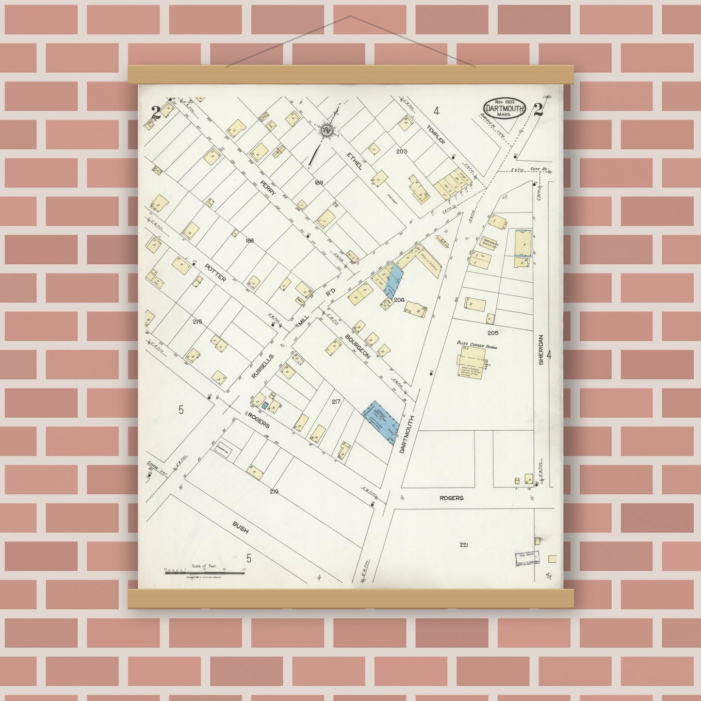 Old map wall art mockup — magnetic wood frame on brick wall — Sanborn Fire Insurance Map from Dartmouth, Bristol County, Massachusetts (1924), Sheet #0002