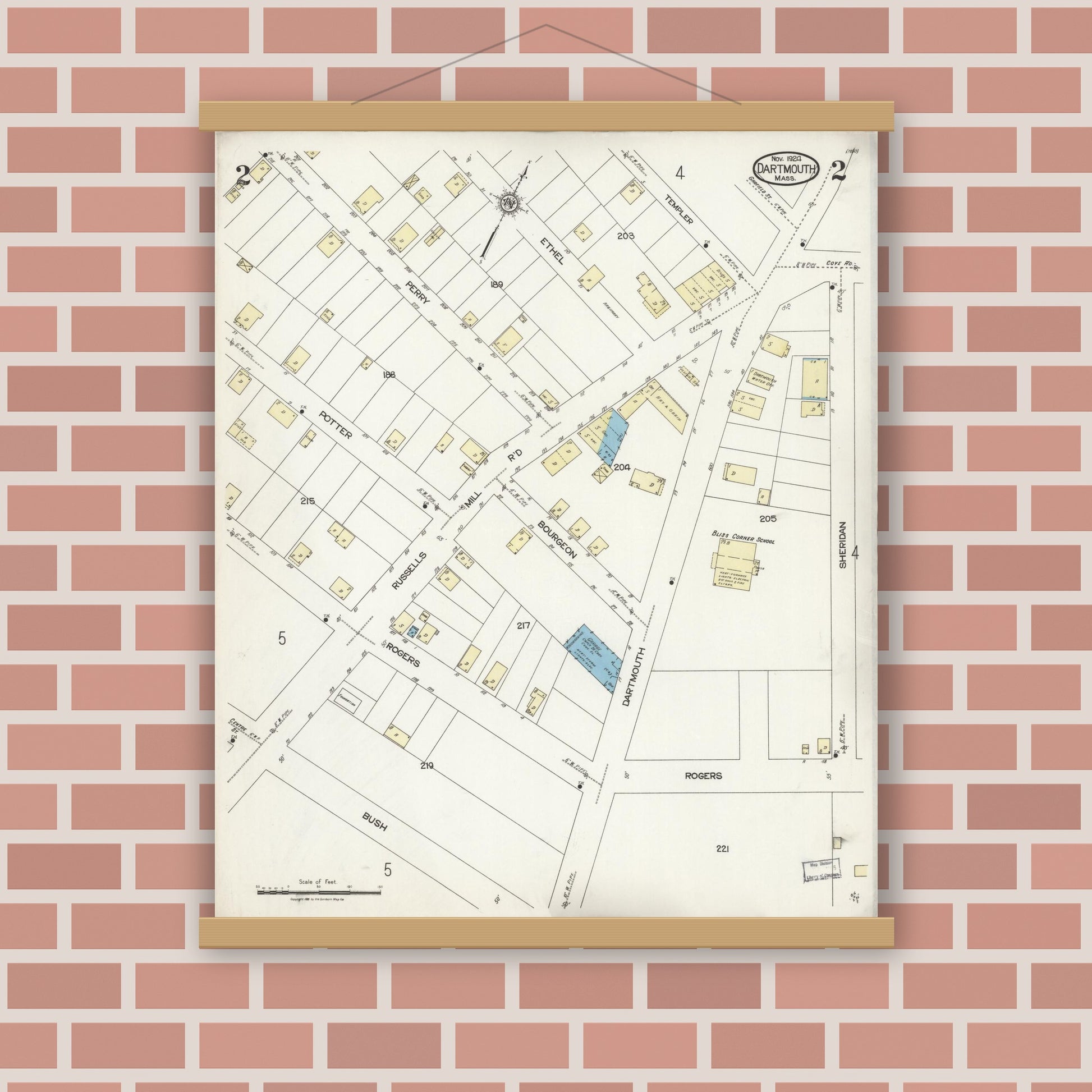 Old map wall art mockup — magnetic wood frame on brick wall — Sanborn Fire Insurance Map from Dartmouth, Bristol County, Massachusetts (1924), Sheet #0002