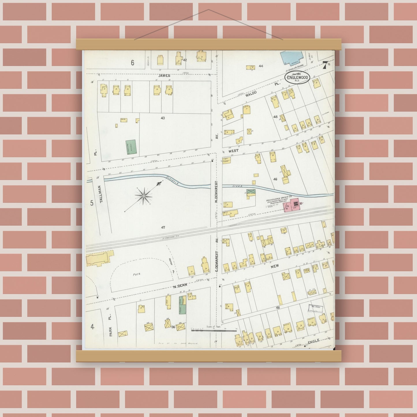 Old map wall art mockup — magnetic wood frame on brick wall — Sanborn Fire Insurance Map from Englewood, Bergen County, New Jersey (1902), Sheet #0007