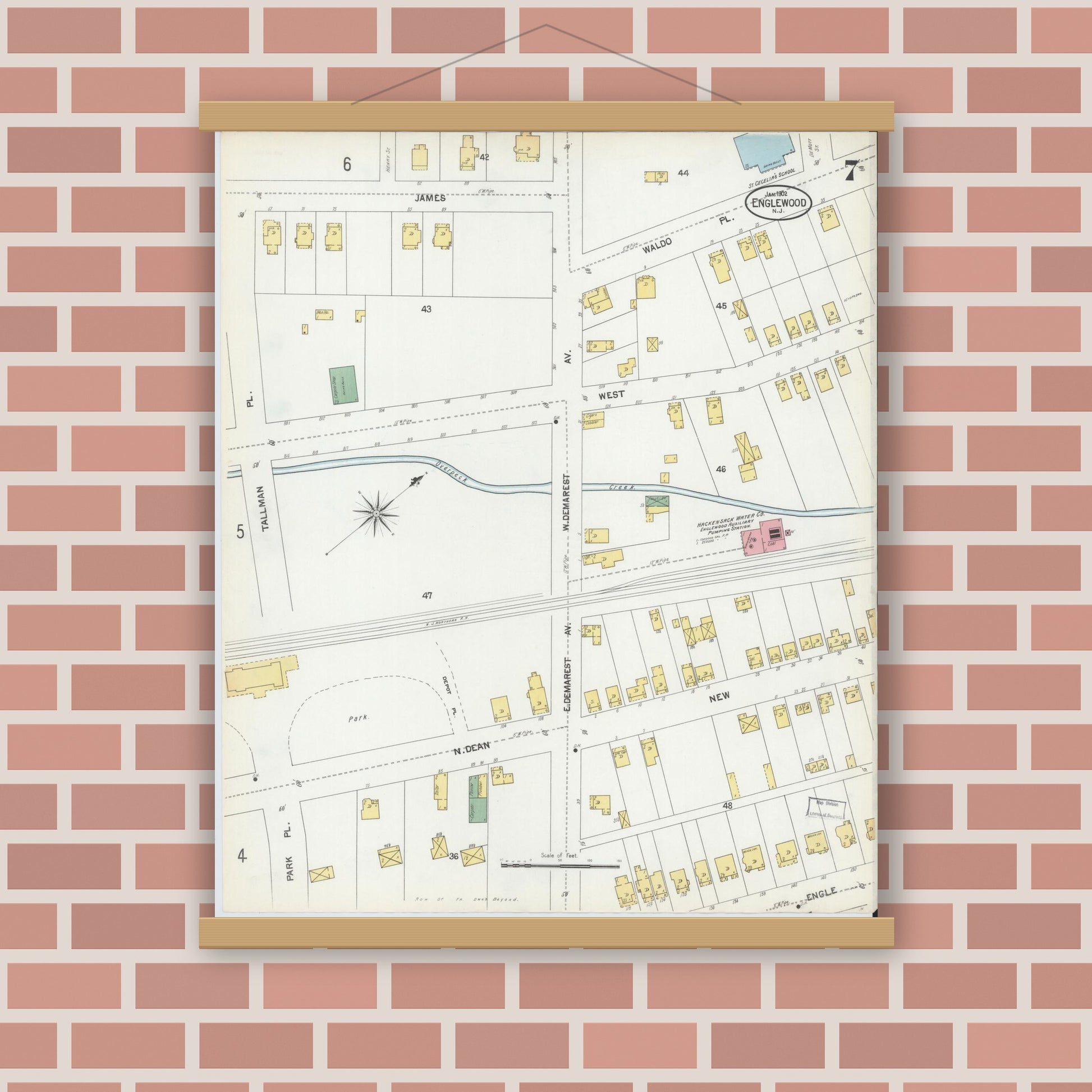 Old map wall art mockup — magnetic wood frame on brick wall — Sanborn Fire Insurance Map from Englewood, Bergen County, New Jersey (1902), Sheet #0007